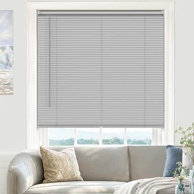 UNISHADES 100% Privacy L-Shaped Blades Mini Blinds for Indoor Windows 1" Vinyl Cordless Window Blinds for Home, for Window Size 34" W × 64" H (Blinds Size 33 5/8" W × 64" H) Grey - Image 1