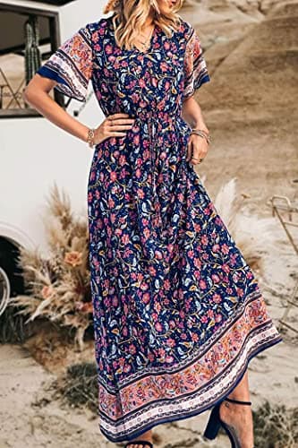 PRETTYGARDEN Women's Casual Summer Boho Floral Print Dress V Neck Short Sleeve High Waist Long Maxi Beach Dresses (Navy,X-Large) - Image 7