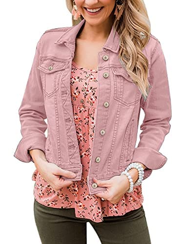 LookbookStore Pink Jean Jacket Women Fall 2025 Fitted Denim Jacket for Women Classic Stretchy Denim Trucker Jacket Basic Pink Button Down Denim Jackets Lightweight Size Large Size 12 14 - Image 4