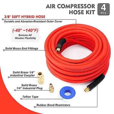 FYPower Air Compressor Hose 3/8 Inch x 50 Feet Hybrid Hose with Fittings, Flexible and Kink Resistant, 1/4" Industrial Quick Coupler and Plug Kit - Red - Image 2