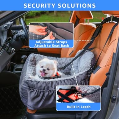 Oiilores Dog Car Seat for Small Dogs,Washable Pet Booster Car Seats with Clip-On Safty Leash, Comfy Deluxe Plush Carseat with Storage Pockets, Puppy Car Travel Carrier Bed for Dogs Under 25 lbs, Grey - Image 2