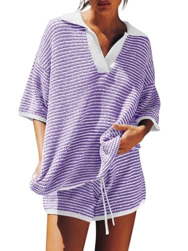 Tankaneo Womens Sweater Set 2 Piece Outfits Oversized 3/4 Sleeve V Neck Knit Tops High Waisted Shorts Lounge Sets - Image 1