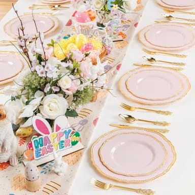 Hioasis 60pcs Pink Plastic Plates - Pink and Gold Disposable Dinnerware with Gold Rim, Heavy-duty, 10.25 inch, Dinner Plates for Party & Wedding - Image 9