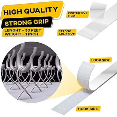 Hook and Loop Tape Roll with Heavy Duty Adhesive Industrial Strength Easy to Cut, Strong Hook and Loop Strips with Sticky Back, White, 1 Inch * 30 Feet - Image 3