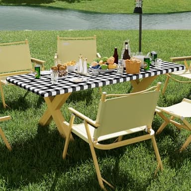 Smiry Picnic Table Cloth 2 Pack, Waterproof Elastic Fitted Tablecloths for 6FT Rectangle Tables, Washable Polyester Buffalo Plaid Tablecloth for Camping, Dining & Outdoor (Black & White, 30" x 72") - Image 2