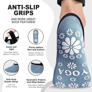 Qincycle Yoga Socks, Pilates Grip Socks for Women, 4 Pairs Blue Non-Slip Grips Straps Athletic Socks for US 7-10 Pilates Dance - Image 2