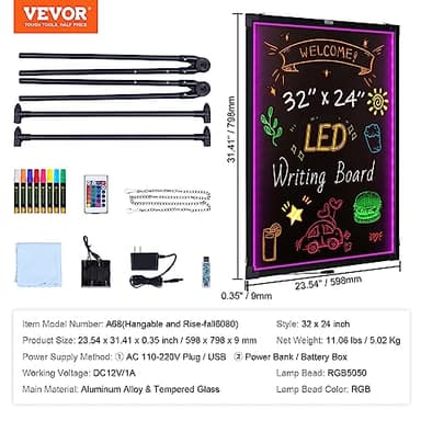 VEVOR 32"x24" LED Message Writing Board, Menu Sign Boards, Illuminated Erasable Lighted Chalkboard, Neon Effect Drawing Panel with 8 Fluorescent Chalk Markers and Remote Control - Image 7
