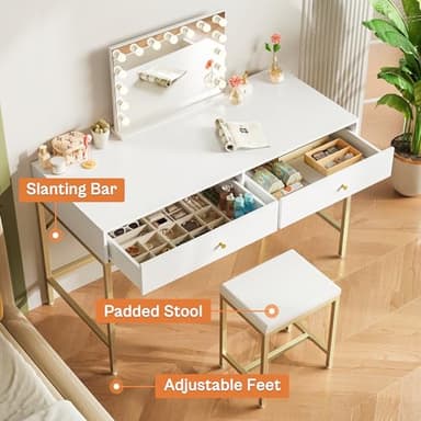 SUPERJARE 43-inch Modern White & Gold Desk - 2 Drawer Vanity, Computer & Home Office Study Desk for Writing & Bedroom - Image 5