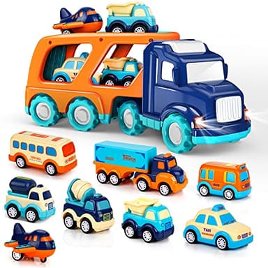 9 Pack Cars Toys for 2 3 4 5 Years Old Toddlers Boys & Girls Gift, Big Transport Truck with 8 Small Cute Pull Back Trucks, Carrier Truck with Sound & Light 13.5 * 5.5 inch, 2.5 *1.6 inch - Image 1