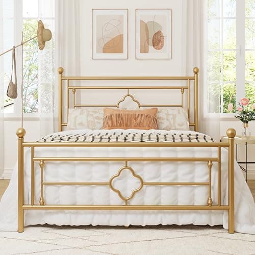 Allewie Queen Size Metal Platform Bed Frame with Victorian Vintage Headboard and Footboard/Mattress Foundation/Under Bed Storage/No Box Spring Needed/Noise-Free/Easy Assembly, Gold - Image 1
