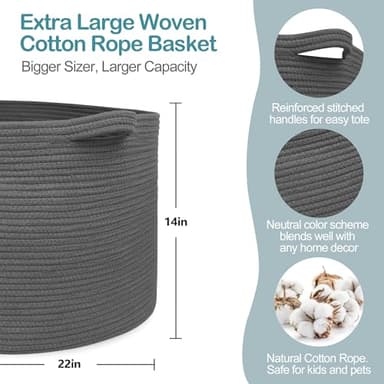 MEGASKET Large Dark Grey Storage Basket, Woven Cotton Rope Baskets for Storage, Big Blanket Organizer Storage Basket for Living Room, Kids Room Toy Storage Organizer Box, Blanket Keeper (22"x14") - Image 2