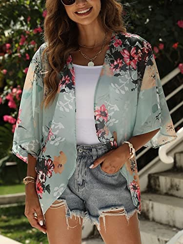 Chunoy Women Casual Plus Size Floral Print Short Sleeve Cardigan Loose Beach Wear Kimono Cover Up Blouse Tops 4X-Large Green - Image 2