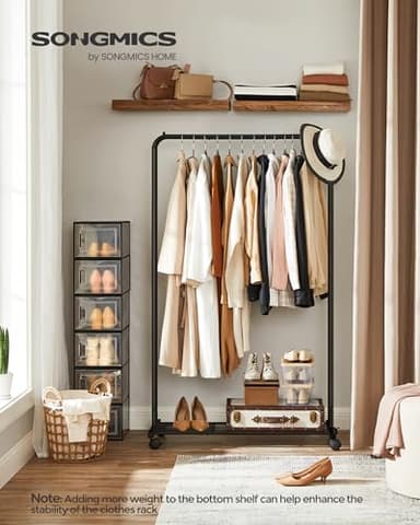 SONGMICS Clothes Rack with Wheels, Clothing Rack for Hanging Clothes, 25.4 mm Metal Garment Rack with Dense Mesh Storage Shelf, 110 lb Load Capacity, 2 Brakes, Black UHSR25BK - Image 2