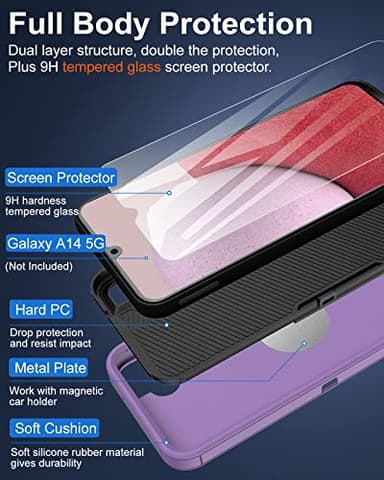 Dahkoiz for Samsung Galaxy A14 5G Case, with Tempered Glass Screen Protector and Dust-Proof Port Cover, Full Body Protection Rubber Cover Phone Case for Samsung Galaxy A14 5G, Black/Purple - Image 3