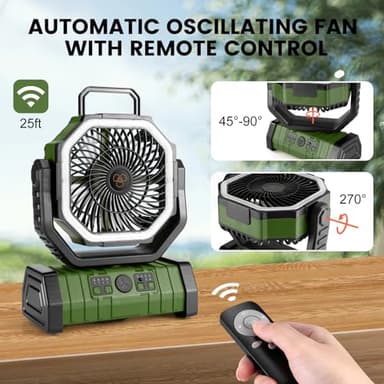 Odoland 30000mAh Camping Fan with LED Lantern, Rechargeable Battery Operated Oscillating with Remote Hook, Portable Tent Fan with Timer, 4 Speeds for Outdoor RV Jobsite Power Outage, Green - Image 6