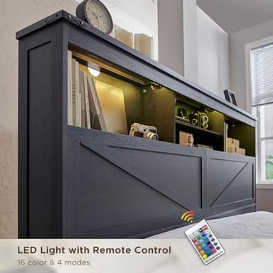 ACCOHOHO Farmhouse King Size Wood Bed Frame with 52" Tall Storage Headboard and 4 Drawers,LED Light,Charging Station,Solid Wood Slats Support,Noiseless,No Box Spring Needed,Black - Image 5