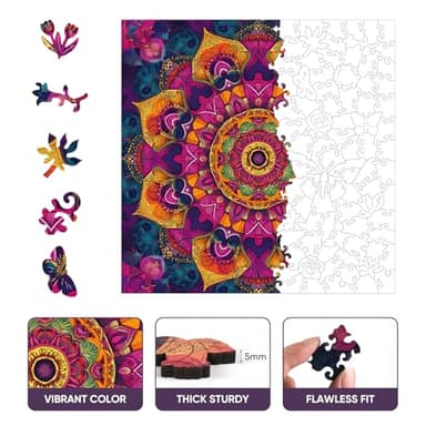 Purple Mandala Wooden Puzzles, 500 Pieces Jigsaw Puzzles 15.9'' x15.9'', Unique Design Liberty Wooden Puzzles for Adults and Kids, Family Game Gift Royal Size - Image 2