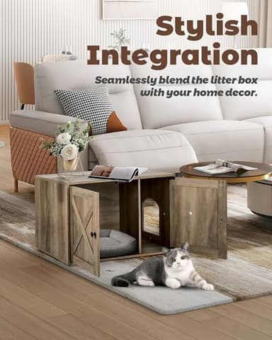 Upolana Cat Litter Box Enclosure, 32 inch Hidden Litter Box Furniture with Divider, Wooden Kitty Litter Box Cabinet End Side Table, Greige - Image 2