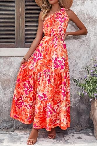 PRETTYGARDEN Women's Summer Floral Maxi Dress Knot One Shoulder Sleeveless Ruffle Flowy Boho Beach Wedding Guest Dresses (Orange Rose Red Big Floral,Large) - Image 6