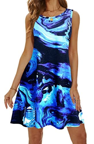 Summer Dresses for Women 2024 Casual Sundresses Beach Cover Ups Sleeveless Tshirt Swing Dress with Pockets X-Large Blue Galaxy - Image 2