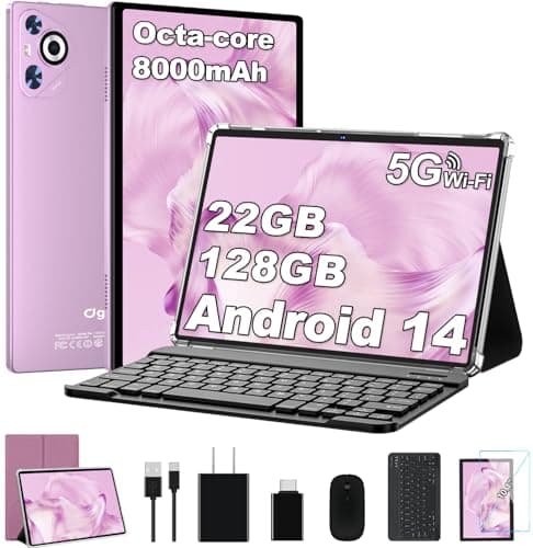 Dghrti 2025 Android 14 Tablet, 22GB RAM+128GB ROM+1TB Expand, 8000mAh Battery, 10.1 Inch Touchscreen, Octa-Core CPU, 2-in-1 Tablet with Keyboard&Mouse, Support BT5.0, GPS, WiFi - Purple - Image 1