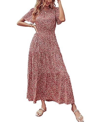 PRETTYGARDEN Women's Summer Casual Short Flutter Sleeve Round Neck Smocked Waist Tiered Boho Floral Flowy Maxi Dress(Floral Red Brown,X-Large) - Image 1