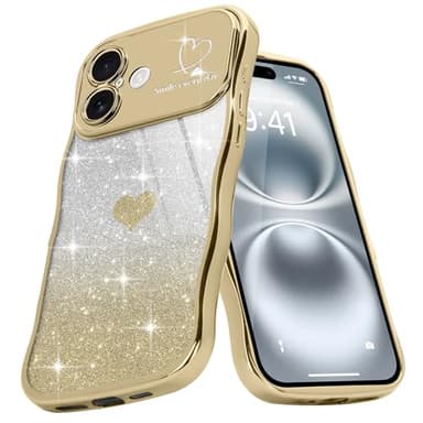 Teageo for iPhone 16 Plus Case for Women Girls Cute Curly Wavy Love Heart Glitter Bling Camera Protection Sparkly Luxury Elegant Shockproof Cover Clear Wave Phone Case for iPhone 16 Plus 6.7", Gold - Image 1