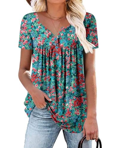 ROSELINLIN Womens Floral Tunic Tops Summer Dressy Casual Tops Short Sleeve V Neck Shirts Green Coral XL - Image 1
