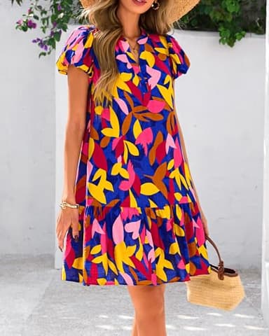 dowerme Womens Summer Dresses 2025 Puffy Sleeve V Neck Loose Floral Print A Line Boho Mini Babydoll Dress with Pockets(Blue Floral,Medium) - Image 7