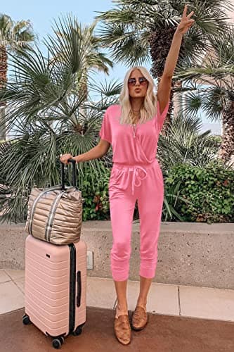 PRETTYGARDEN Jumpsuits for Women 2025 Spring Summer Casual Dressy Short Sleeve Romper Airport Vacation Travel Outfits (Rose Pink,Large) - Image 5