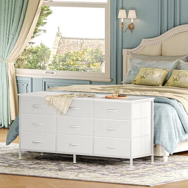 Huuger 9 Drawer Dresser, 47 Inch TV Stand for 50, 55 Inch TV, Entertainment Center with Drawers, Fabric Dresser Chest of Drawer for Bedroom, Closet, PU Leather Surface, White - Image 2