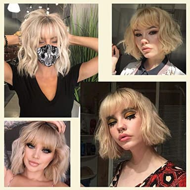 MISSQUEEN Ombre Short Blonde Wigs with Bangs Synthetic Wavy Blond Bob Wig Curly Heat Resistant Blonde Hair Wig for Women Daily Party Halloween Use - Image 6