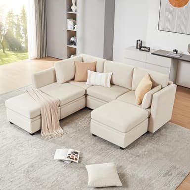 Weture Modular Sectional Sofa with Storage, U Shaped Sectional Couch for Living Room, Convertible Modular Sofa Couch with Ottomans, High Supportive & Soft Sponge, 6 Seat, Beige - Image 6