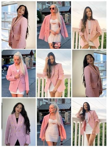 Happy Sailed Tweed Blazers for Women Double Breasted Turndown Collar Blazer Jacket Suits for Work Slim Fit Open Front Business Jackets Casual Outfits Office Professional Fashion 2025 Pink Large - Image 5