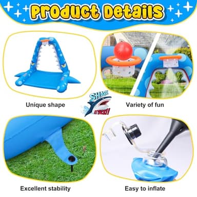JOSEN Sprinkler for Kids Outdoor Play, Giant Inflatable Shark Water Toys Splash Pad with Basketball Hoop, Fun Sprinkler Summer Outdoor Game for 3-8 Years Old Children Boys Girls Gift - Image 6