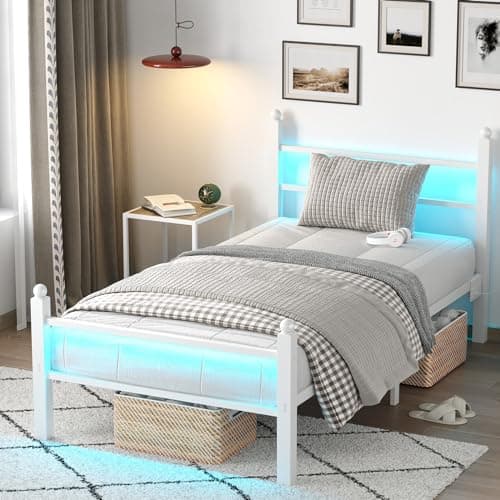 CollaredEagle Twin Bed Frame with Headboard and Footboard, Metal Bed Frame with Charging Station and LED Lights, Under Bed Storage, No Box Spring Needed,Noise Free,White - Image 1