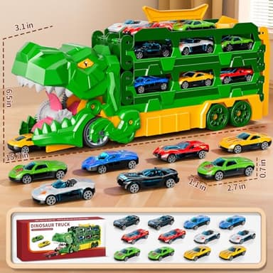 iHaHa Dinosaur Race Track Toys for Ages 3-4 4-6, 59-inches Transport Dinosaur Truck with 12 Die-cast Cars, Carrier Truck Toy Birthday Gifts Toys for 3 4 5 6 Year Old Boy - Image 2