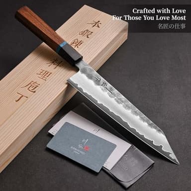 KAWAHIRO 210mm Japanese Kiritsuke Chef Knife with Tri-Ply VG-10 Stainless Steel Blade, Ergonomic Handle Grip and Premium Wood Box, Cooking Gifts for Men Women - Image 7