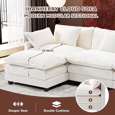 Ihanherry 111.4" L Shaped Modern Sofa Modular Sectional Cloud Couch with Ottoman, 4-Seat Chenille Deep Seat Sofa with Pillow for Living Room, Bedroom and Apartment, Beige - Image 2