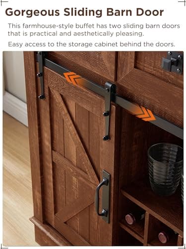 OKD 72" Farmhosue Bar Cabinet with Sliding Barn Door, Large Kitchen Buffet with Hutch w/Wine & Glasses Rack, 3 Drawers, 12 Storage Shelves, Rustic Coffee Bar Sideboard Table, Reclaimed Barnwood Color - Image 3