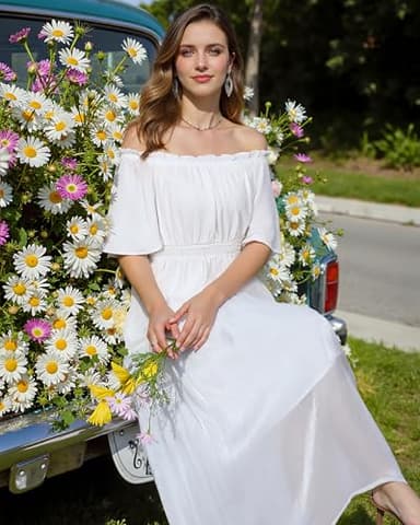 Bebonnie Off The Shoulder Tops for Women: Short Sleeve Sexy Chiffon Blouses - Summer Wedding Guest Dress Shirts - Baby Shower Formal Cocktail Evening Outfits for Guest White L - Image 4