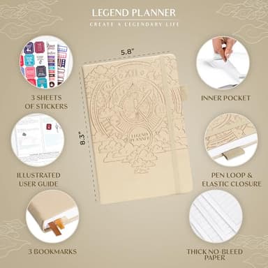 Legend Planner Hourly Schedule Edition – Deluxe Weekly & Daily Organizer with Time Slots. Time Management Appointment Book Journal for Work & Personal Life, Undated, A5 Hardcover – Seashell, Gold Foil - Image 2