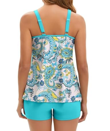 Plus Size Swimsuit for Women Two Piece Bathing Suits for Summer Beach Side Classic Lake Blue Paisley Printed 20W - Image 3