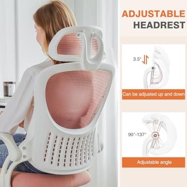 Sweetcrispy Office Computer Desk Chair, Ergonomic High-Back Mesh Rolling Work Chairs with Wheels and Adjustable Headrests, Comfortable Lumbar Support, Comfy Flip-up Arms for Home,Bedroom,Study, Pink - Image 3