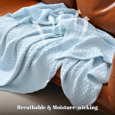 PHF 100% Cotton Waffle Weave Blanket Queen Size for Bed, Soft Lightweight & Breathable, All-Season Comfort, Luxury Aesthetic Woven Bedding for Home Decor, 90"x90", Baby Blue - Image 3