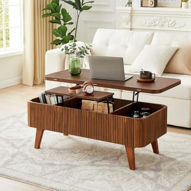 3 in 1 Lift Top Coffee Table, Fluted Convertible Coffee Tables Converts to Dining Tables, Modern Oval Wooden Center Table with Storage for Living Room Office Small Space, Partial Assembly (Walnut) - Image 7