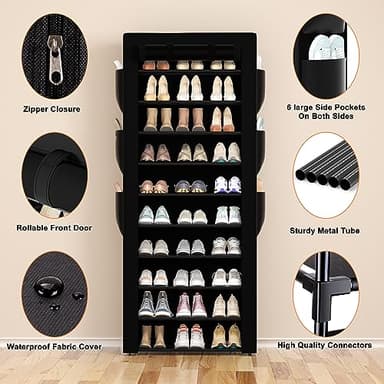 OYREL Large Shoe Rack, Black, 6 Side Pockets, 23.6" Wide x 11.4" Deep x 68.9" Tall, 36-41 Pairs of Shoes - Image 8