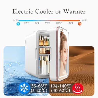 YLFU Skincare Fridge, 6L/10 Can Mini Fridge for Bedroom with Dimmable LED Mirror, Portable Cooler & Warmer Small Compact Refrigerator for Skincare, Cosmetics, Bedroom and Office, White - Image 4