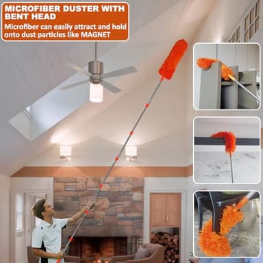 20+ Feet High Reach Duster Kit with 3-14 ft Extension Pole High Ceiling Dusting and Window Cleaning Kit with Spliceable Pole - Window Washer & Squeegee, Cobweb Duster, Fan Blade and Feather Dusters - Image 4