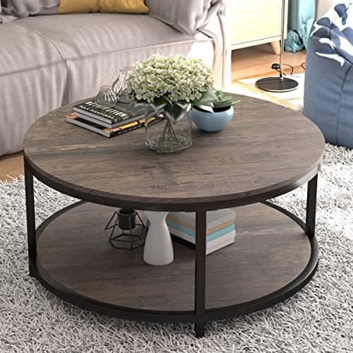 NSdirect Round Coffee Table,36" Coffee Table for Living Room,2-Tier Rustic Wood Desktop with Storage Shelf Modern Design Home Furniture(Light Walnut) - Image 1